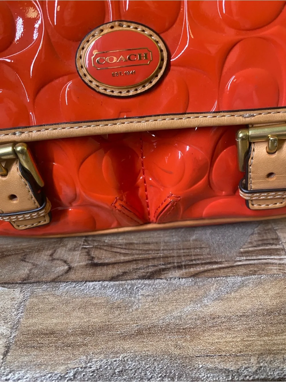 Coach Orange Patent Leather Signature Crossbody with Tan Trim - Picture 7 of 13